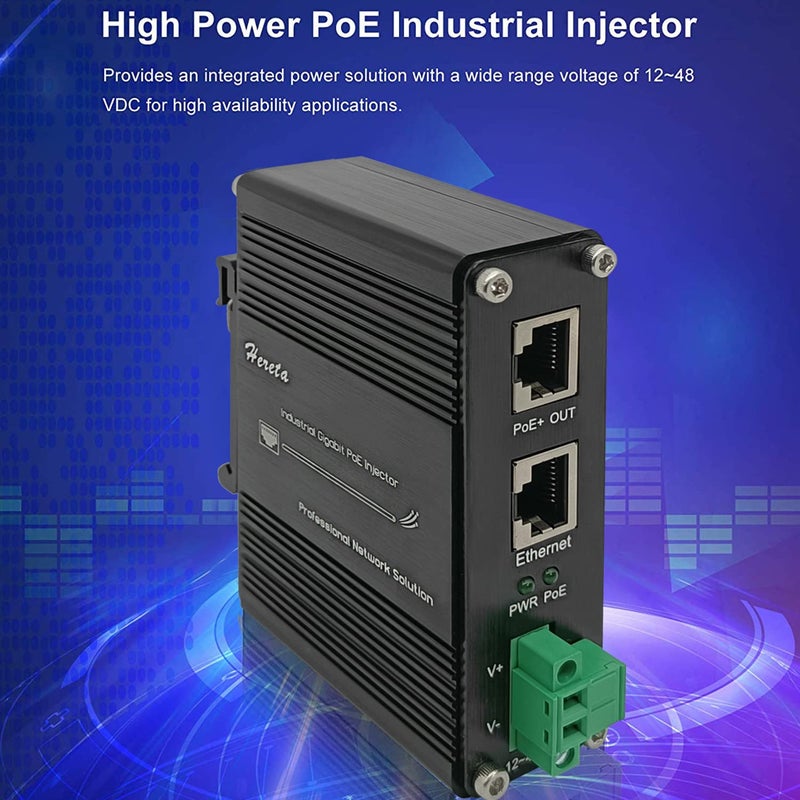 Hereta Hardened Industrial Gigabit PoE+ Injector 12-48VDC Input with DIN-Rail and Wall Mount Connecting The IEEE 802.3 af/at PoE Device (30W) - Image 3